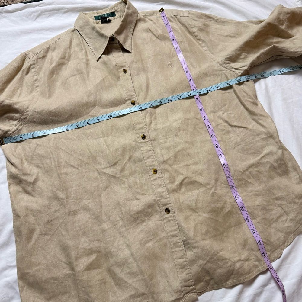 RALPH LAUREN Women’s 100% Linen Roll Tab Long Sleeve Button Down Shirt Tan XL - Picture 8 of 12